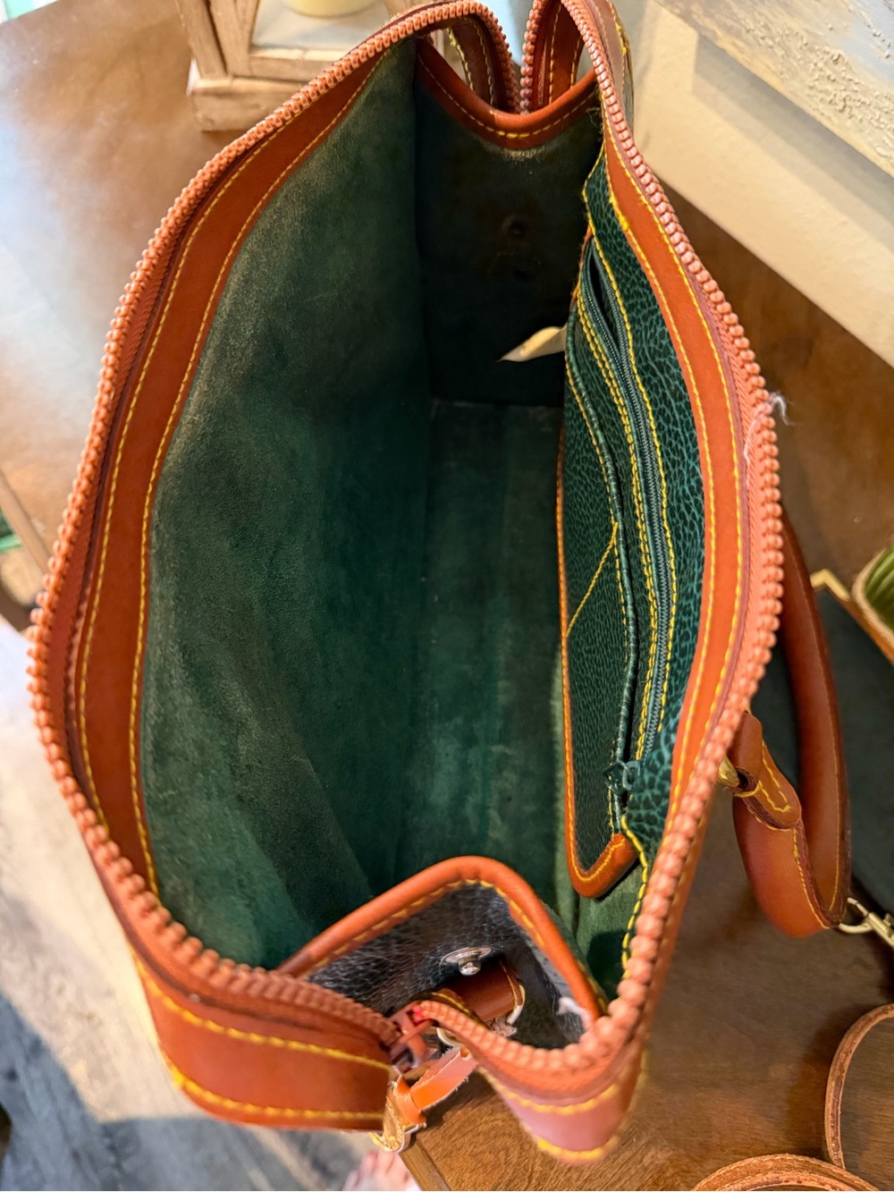 Dooney & Bourke Dark Green Pebbled Leather Satchel with Tan Trim and Strap - Picture 8 of 12